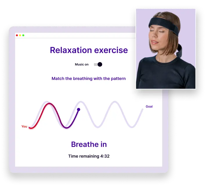 Woman wearing headband while doing a breathing relaxation exercise.